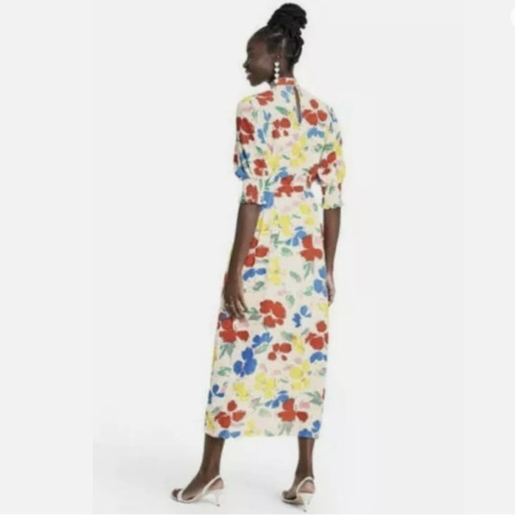 RIXO Floral Maxi Dress Mock Neck Cascade Ruffle Split - Picture 3 of 12